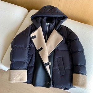 Chaqueta de plumón de pato blanco para mujer, chaqueta acolchada con capucha y cuello levantado suelto, Parkas de cuero PU de lana de cordero para mujer, prendas de vestir - Product Image 2