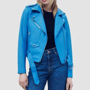 Women's Stylish Blue Genuine Lambskin Leather Moto <b>Biker</b> <b>Jacket</b> with Stand Collar Breathable & Waterproof With OEM - Product Image 3