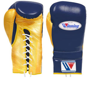 Gants de boxe haut de gamme à lacets en cuir véritable, paume jaune, corps bleu marine, logo personnalisé, pour entraînement professionnel, vente en gros - Product Image 3