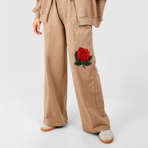 Premium Quality Winter Women Acid Wash Chenille Embroidery 100% Cotton Heavyweight <b>Eco</b>-Friendly Tracksuit Set - Product Image 5