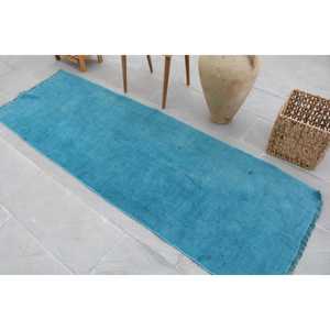 Alfombra Turca, Alfombra Vintage de 2.5x7.3 pies, Alfombra de Lana Ikat Azul Gris - Product Image 4