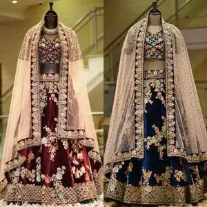 디자이너 특별 신부 벨벳 Lehenga Choli 와 dupatta 인도 디자이너 파티 착용 준비 웨딩 자수 신부 Lehenga