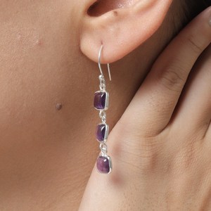 Pendientes de estilo bohemio de Plata de Ley 925 de alta calidad, 3 piedras preciosas de amatista, joyería colgante para niñas, Idea de regalo de cumpleaños - Product Image 4