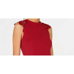 Robe de soirée trapèze rouge grande taille pour femme, sans manches, col bijou, taille naturelle, en crêpe, coupe courte évasée - Product Image 2