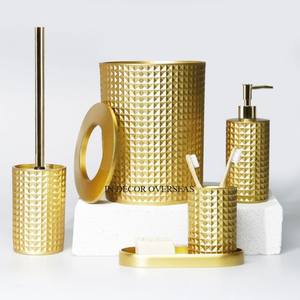 Set Of 4 High Grade Gold Plated Unique Texture Designer Soap Dispenser Dish Bucket Paper <b>Towel</b> <b>Stand</b> & Brush Holder <b>Bathroom</b> Set - Product Image 3