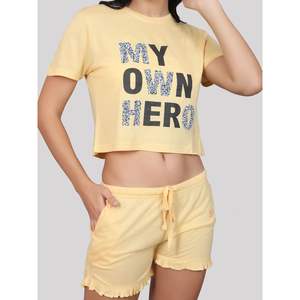 Conjunto de Pantalones Cortos Evolve para Mujer, Súper Suaves y Cómodos, 100% Algodón, con Camiseta de Cuello Redondo y Manga Corta, Bolsillos, Tela Jersey, Amarillo - Product Image 6