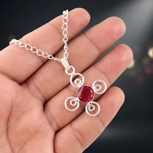 Pendentif en argent sterling 925 plaqué laiton, serti à la main, avec pierre précieuse rubellite rose ronde, pour femme. - Product Image 4