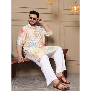 Kurta de Algodón para Hombre, Talla Grande, Marca Amanush, con Estampado Floral y Parches, Cuello Mandarín, Estilo Casual de Verano, Corte Holgado, Manga Tres Cuartos - Product Image 1