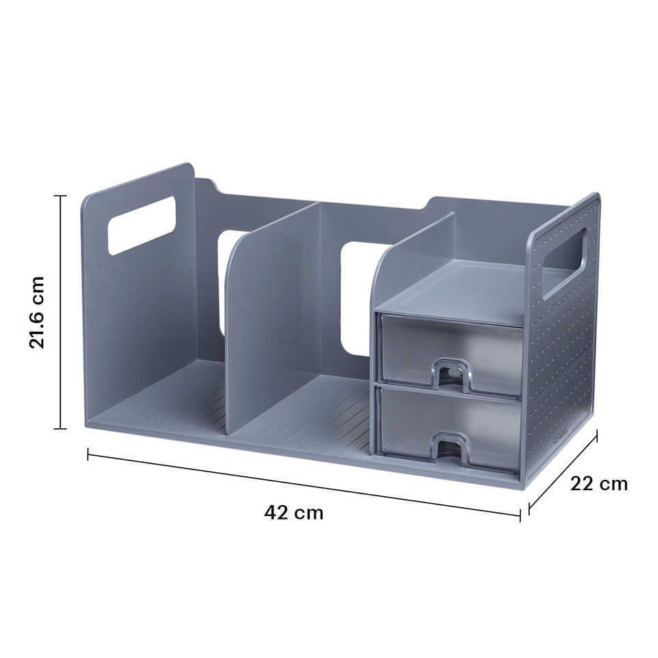 2-Compartment Metal Wood & PP Material Desk Book Organizer with Storage Drawers for Office & Living Room