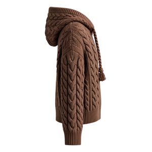 Sudadera con Capucha de Punto Trenzado Marrón Oscuro para Invierno, Estilo Urbano, con Puños Acanalados y Diseño Personalizado - Product Image 4
