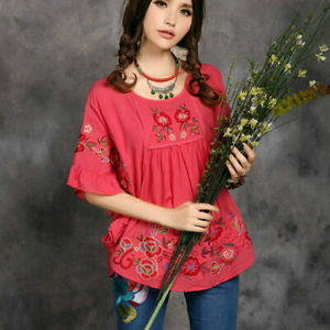 ชุดเดรสสั้นแบบโบฮีเมียนของผู้หญิง,ชุดกระโปรงคลุมสะโพกแขนสามส่วนปักลายดอกไม้สไตล์อินเดีย - Product Image 3