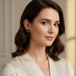 Pendientes de Oro Amarillo Macizo de 14k con Trébol y Malaquita Natural, Joyería Fina, Pendientes de Malaquita con Cierre a Presión - Product Image 4