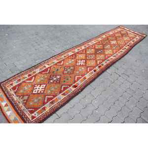 Alfombra Turca de 2.6x11.9 pies, Alfombra Vintage, Alfombra de Lana con Diseño Floral Rojo Anaranjado - Product Image 3