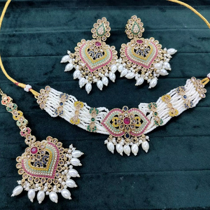 Conjunto de Joyería Tradicional India de Último Diseño, Collar, Pendientes Maang Tikka para Boda, Gargantilla de Plata con Diamantes - Product Image 1