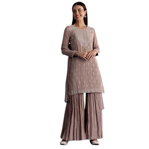 Light <b>Beige</b> Chinon Kurta Set with Cutdana and Sequins Dupatta for <b>Wedding</b> Party Festive Reception and Custom Ethnic Occasions - Product Image 1