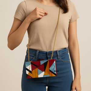 Pochette de soirée de luxe faite à la main en bois et résine, durable et écologique, motif à pois, sac à bandoulière avec chaîne, fermeture ouverte, logo personnalisé - Product Image 4