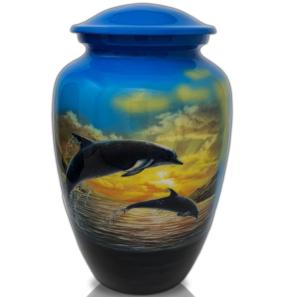 Urnas de aluminio para adultos de cremación con pegatina de diseño cruzado y acabado de color naranja y tira plateada - Product Image 6