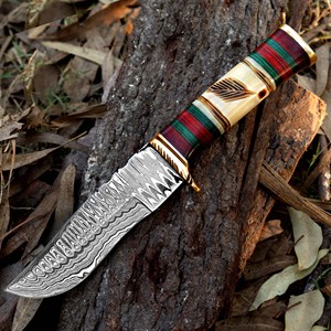 Couteau de chasse fait à la main en acier damas autre manche gaine en cuir OEM fournisseur en gros Clip Point forme de lame bord plat - Product Image 6