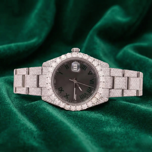 Montre de luxe entièrement sertie de moissanite PJ VVS, bracelet en acier inoxydable, mouvement automatique à quartz, verre saphir, cadran romain, date - Product Image 1