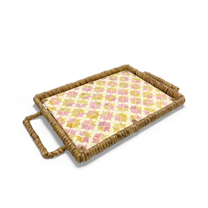 Plateau en rotin fait à la main avec incrustation de nacre et bord en jacinthe d'eau pour servir des aliments décoratifs sur la table - Product Image 2