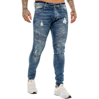 Jean slim en coton pour homme, coupe ajustée, avec fermeture éclair personnalisée, patchs en cuir déchirés, coutures, délavage vieilli, style pantalon crayon, rivets, OEM