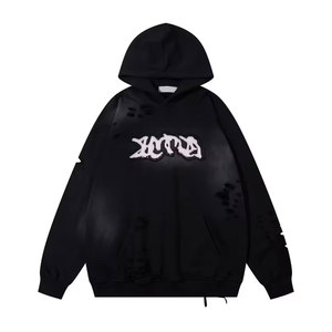 Oversized Pullover <b>Hoodie</b> for <b>Men</b> 100% Cotton <b>Thick</b> Fabric Thermal <b>Hoodie</b> with Distress Embroidery Drop Shoulder for Winter Work - Product Image 1