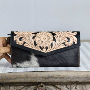 Cowhide Hand Fur On Floral Hand <b>Tooled</b> <b>Leather</b> Clutch For Women ZIP Continental Purse Clutch Western Carving Stylish Wallet - Product Image 1