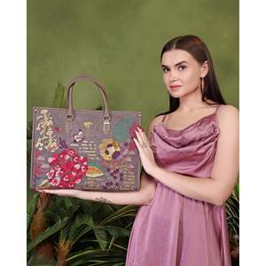 Sac fourre-tout PickAleaf pour femme, style bohème, en cuir végétalien, broderie en fil de coton, doublure en velours suédé, fermeture à fermoir - 950g - Product Image 2