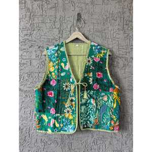 Women's Floral <b>Quilted</b> Vest Bohemian Style V-Neck Reversible Outer Wear Printed Polyester <b>Wadding</b> Green Pattern - Product Image 1