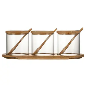 Combinación de madera y vidrio de estilo moderno, contenedor de almacenamiento de especias elegante, vidrio con tapa de madera, tarro sellado, tarro a prueba de humedad
