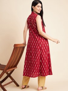 Gran oferta, alta demanda, moda, alta calidad, estampado Floral étnico, tela de algodón sin mangas, conjunto de Kurta de línea A para mujer - Product Image 6
