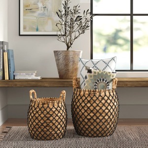 Ensemble de 2 paniers en jacinthe d'eau avec couvercles en filet Panier de rangement fait à la main Vente en gros Écologique Fabriqué au Vietnam - Product Image 3