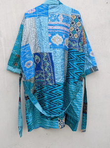 Vintage été soie Kantha luxe respirant à la main col en v Kimono Robe recyclé Patchwork cordon femmes gratuit bain Dressing - Product Image 4