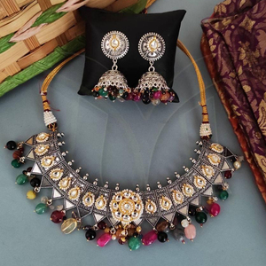 Designer Fancy Design Party Wear Antique Oxidised Silver Plated Party Wear Oxidised <b>Choker</b> <b>Necklace</b> Set - Product Image 1