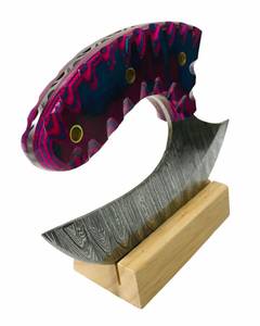 Couteau Ulu artisanal Edge Master Manufacture, lame en acier Damas torsadé de 3 mm d'épaisseur, manche en bois multi-épaisseurs, étui en cuir, 6 pouces - Product Image 3