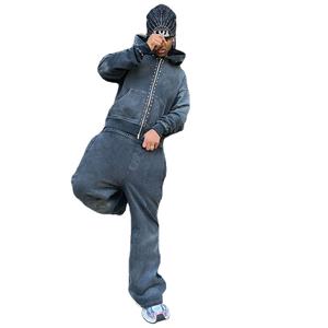 Conjunto Deportivo Personalizado para Hombre, Sudadera con Capucha y Cremallera, Estilo Holgado con Hombros Caídos, Lavado Ácido, Pantalones Deportivos de Algodón 100% con Pedrería - Product Image 4