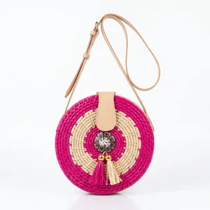 Bolso Redondo Mini Bohemio de Rafia con Cierre de Solapa con Borlas, Correa para el Hombro, Forro de Algodón, Moda para Todas las Temporadas, Bolso de Mano para Mujer - Product Image 1