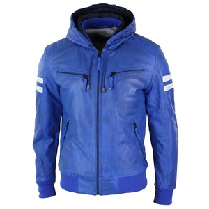 RIVIAN ATLANTIC Veste en cuir à capuche bleue pour hommes Nouveau style bombardier Veste en cuir à capuche à rayures blanches ODM Service's - Product Image 1