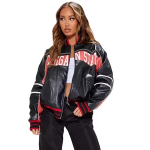 Hot Selling Slim Fit Women's Motorcycle Jacket Printed Motorbike Racing Style Leather Stripes