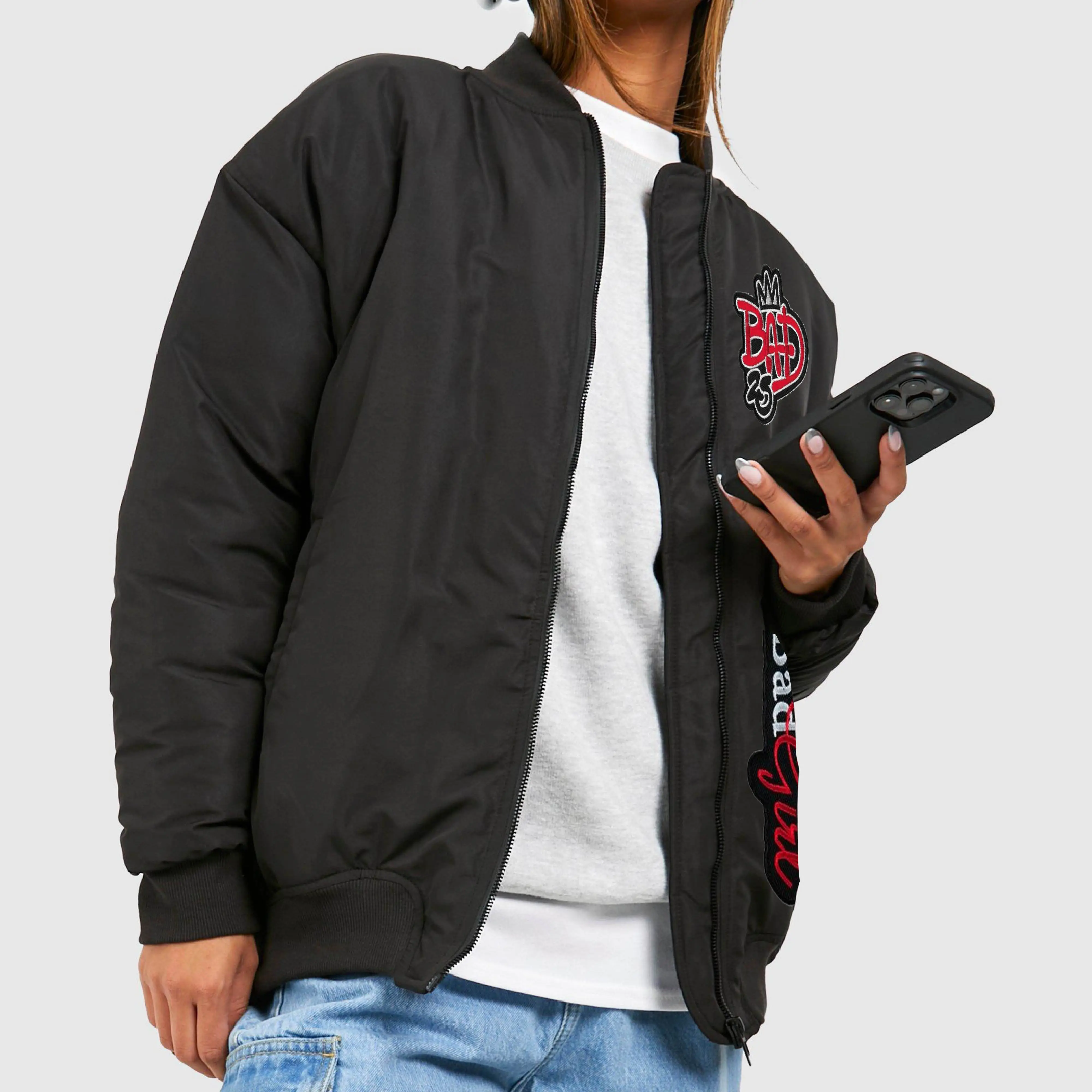 Vente en gros Bomber Jackets Poches courtes pour les mains Fermeture éclair Bonne qualité Manches longues Col montant Vêtements d'hiver pour filles