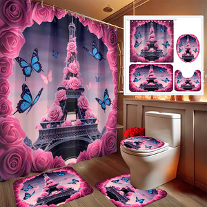 Ensemble de rideaux de douche en polyester imprimé en 3D avec motif floral de dessin animé, <span class=keywords><strong>tour</strong></span> Eiffel de Paris, tapis antidérapant, couvre-tiroir, <span class=keywords><strong>12</strong></span> pièces en <span class=keywords><strong>plastique</strong></span> - Product Image 1