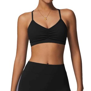 Women's High Impact Plus Size Black V-Neck Sports <b>Bra</b> With Ruched Front And <b>Thin</b> <b>Straps</b> For Women Yoga Fitness Wear - Product Image 1