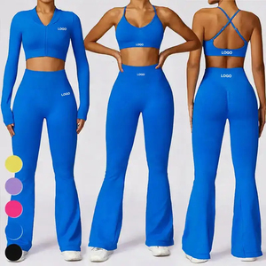 Spandex/Nylon Women's Deep V Neck 3-Piece <b>Yoga</b> Set Seamless Ribbed Bra Ankle Length Leggings Full Sleeve <b>Jacket</b> Four Way Stretch - Product Image 2