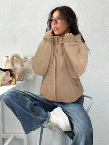 Sudadera con Capucha de Forro Polar Beige para Mujer, Cierre Completo, Corte Holgado, Cuello Alto, Diseño OEM, Estampado Personalizado Deportivo, Sudadera Urbana al por Mayor - Product Image 5