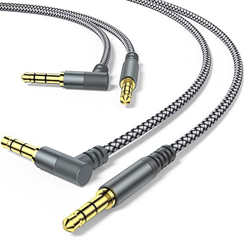 Gold Plated Male-to-Male 3.5mm TRS Aux Cable 90-Degree Right Angle Nylon Braided for Car Stereo Speakers 6.6ft/2M