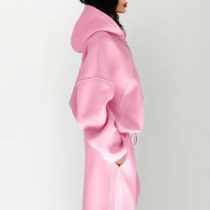 Conjunto Deportivo Personalizado Rosa 100% Algodón Felpa con Sudadera con Cremallera Completa para Mujer Pantalones Deportivos Holgados con Hombros Caídos - Product Image 6