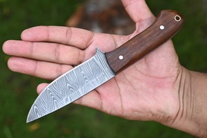 Hoja fija de acero de Damasco personalizada hecha a mano, cuchillo de caza para acampar al aire libre, mango de palisandro, cubierta de cuero, soporte OEM, nuevo diseño - Product Image 5