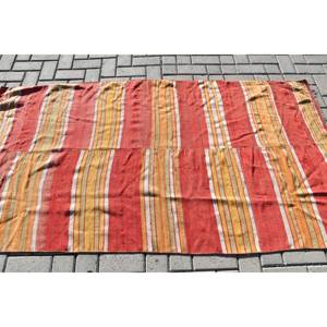 Alfombra turca vintage ecológica de pelo medio rústico rojo naranja 3,5x6,6 pies área grande diseño de retazos comedor lana látex - Product Image 3