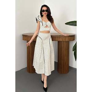 Ecru Low-Cut Ruffled Blouse and Skirt <b>Set</b> - Ecru - Product Image 1