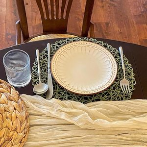 Table à manger ronde et extérieure en papier tressé, table ronde verte résistante à la chaleur, antidérapante naturelle, faite à la main, aspect royal - Product Image 4